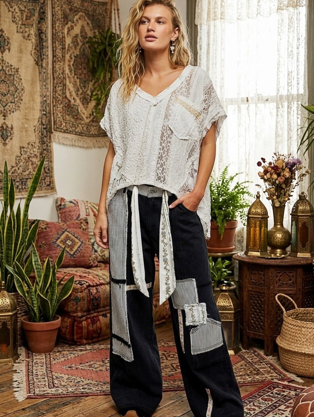 POL WIDE LEG DRAWSTRING PATCHWORK PANTS SM-LG